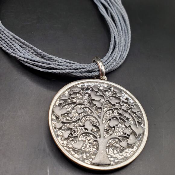 Tree of Life Pendant Necklace Silver Tone Multi-Strand Cord Adjustable Choker - Picture 5 of 9